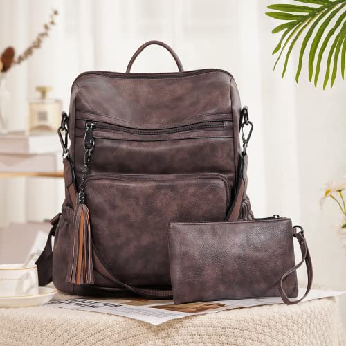 CLUCI Backpack Purse for Women Leather Fashion Designer Travel Ladies Shoulder Bags with Wristlet - color: 0-3 Coffee 2pcs