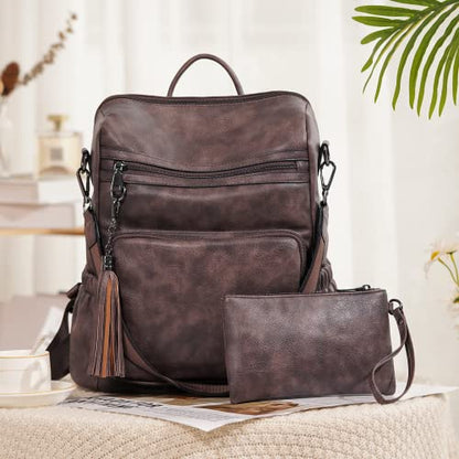 CLUCI Backpack Purse for Women Leather Fashion Designer Travel Ladies Shoulder Bags with Wristlet - color: 0-3 Coffee 2pcs