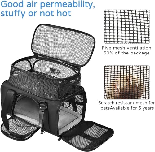 Wakytu Airline Approved Pet Carrier, Collapsible Cat Carrier, Expandable Dog Carrier, 900D High Density Oxford Cloth, Wear-Resisting, Anti Tearing, Safety Lock Zipper, Reflective Tape - color: 2.0 Black, size: 17.7"L x 11.0"W x 8.3"H