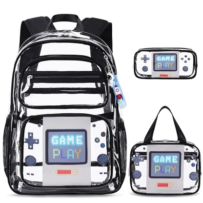 ACESAK Clear Backpack for Boys Girls - 3 Pcs Clear Heavy Duty with Lunch Bag - See Through Backpack Stadium Approved (Black Game) - color: Black Game