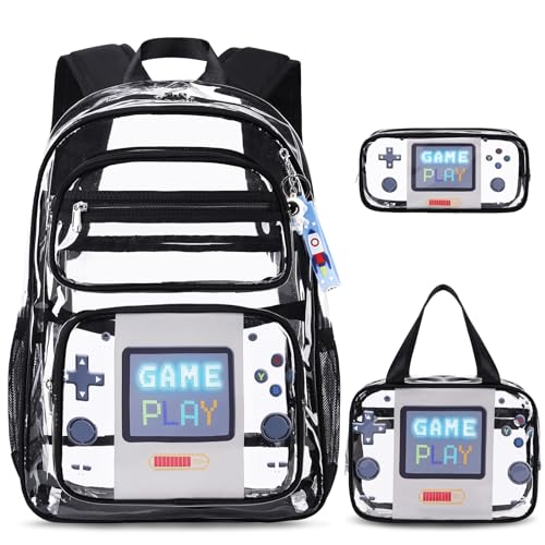 ACESAK Clear Backpack for Boys Girls - 3 Pcs Clear Heavy Duty with Lunch Bag - See Through Backpack Stadium Approved (Black Game) - color: Black Game