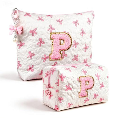 Initial Makeup Bag, Valentines Day Gifts for Women Teens Girls Birthday Gift Personalized Bow Cosmetic Bag, Quilted Cosmetic Travel Toiletry Pouch, Cute Makeup Organizer Teen Girl Gifts Trendy Stuff P - color: P