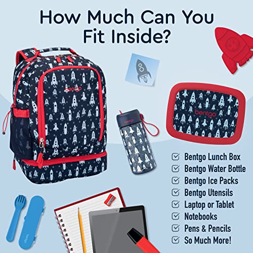 Bentgo Kids 2-in-1 Backpack & Insulated Lunch Bag - Durable 16” Backpack & Lunch Container in Unique Prints for School & Travel - Water Resistant, Padded & Large Compartments (Rocket) - color: Rocket