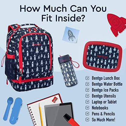 Bentgo Kids 2-in-1 Backpack & Insulated Lunch Bag - Durable 16” Backpack & Lunch Container in Unique Prints for School & Travel - Water Resistant, Padded & Large Compartments (Rocket) - color: Rocket