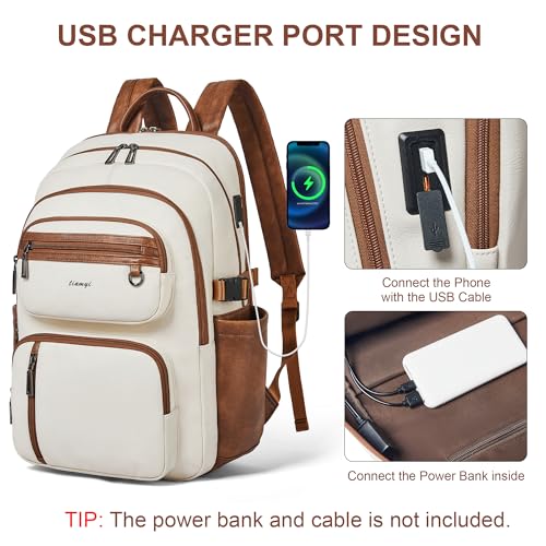 Vegan Leather Backpack, TSA Travel Backpack for Men and Women, Fits 17.0 Inch Laptop with Luggage Strap, Beige - color: Beige