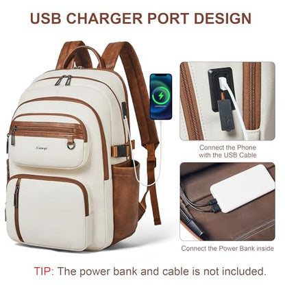 Vegan Leather Backpack, TSA Travel Backpack for Men and Women, Fits 17.0 Inch Laptop with Luggage Strap, Beige - color: Beige