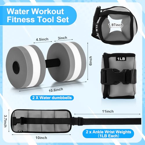 Hollowfly Water Aerobics Set, 4 Piece Pool Exercise Kit (2 Aquatic Dumbbells + 2 Ankle/wrist Weights), EVA Foam, Low-impact Workout - color: Grey, size: 1lb