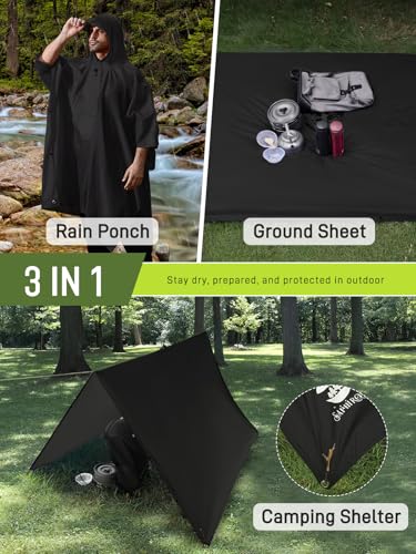 SaphiRose Extra Thick Hooded Rain Poncho Double Layer Waterproof Raincoat Jacket for Men Women Adults - color: Black 2 Pack