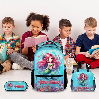 Mercuryelf Personalized Mermaid Backpack for Girls 3PCS Kids Backpack Set with Lunch Bag & Pencil Case, 17 Inch School Bookbag for Elementary Kindergarten - color: Black
