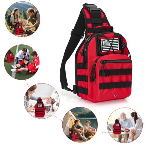 First Aid Sling Backpack - EMS Equipment Emergency Medical Supplies Tactical Range Shoulder Molle Bag - Heavy Duty Sports Outdoor Rescue Pack - Perfect for Camping Hiking Trekking - Red - color: Red