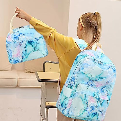 LEDAOU Backpack for Girls School Bag Kids Bookbag Teen Backpack Set Daypack with Lunch Bag and Pencil Case | Kids - color: Marble Purple Blue Green