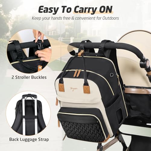 Diaper Bag Backpack - Extra Large Diaper Backpack for 2 Kids Twin, Travel Baby Bags for Mom Dad 25-37L Expandable with Changing Pad, Quilted Beige Black - color: Quilted_beige Black