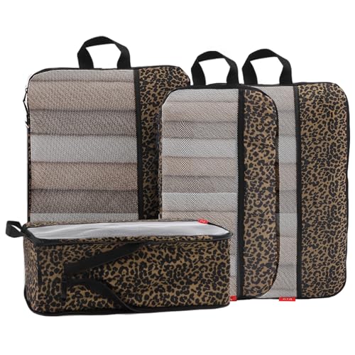 U+U 4 Set Compression Packing Cubes - Ultralight Travel Organizers, Space-Saving Suitcase Organizer, Expandable Packing Cubes for Travel, Business Trip and Family Vacation (Leopard) - color: Leopard, size: 4 Set