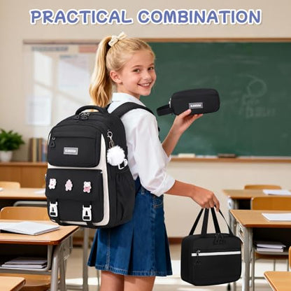 Girls Backpack, 3pcs Sets Kids Backpack for Girls with Anti-theft Back Pocket, Lightweight School Backpacks Water Resistant Lunch Bag with Pencil case for Elementary Primary School, Black - color: Black 3pcs