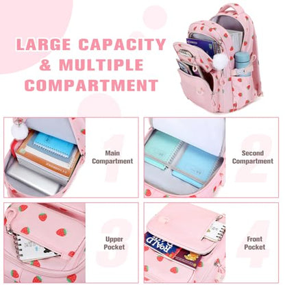 Bevalsa Backpack for Girls 3PCS Teen Girls Pink Backpack for School with Lunch Bag Pencil Case Cute Kids Laptop Backpacks Bookbag for Elementary Middle High School College Student (Strawberry) - color: Pink Strawberry