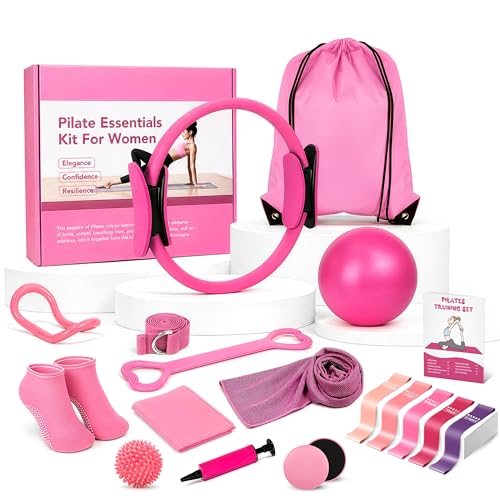 Pilates Kit for Women 17 Pieces – Premium Pilates Equipment Set with Magic Circle Ring, Yoga Ball, 5 Resistance Bands, Stretching Strap & More | Full Body Toning | Fitness Gift for Her