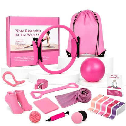Pilates Kit for Women 17 Pieces – Premium Pilates Equipment Set with Magic Circle Ring, Yoga Ball, 5 Resistance Bands, Stretching Strap & More | Full Body Toning | Fitness Gift for Her