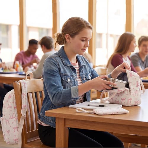 LEDAOU Kids Backpack for Girls Backpacks with Lunch Box, Lightweight Bookbag Set Elementary Middle School Back pack for 8-14 - color: A-bow Tie Beige