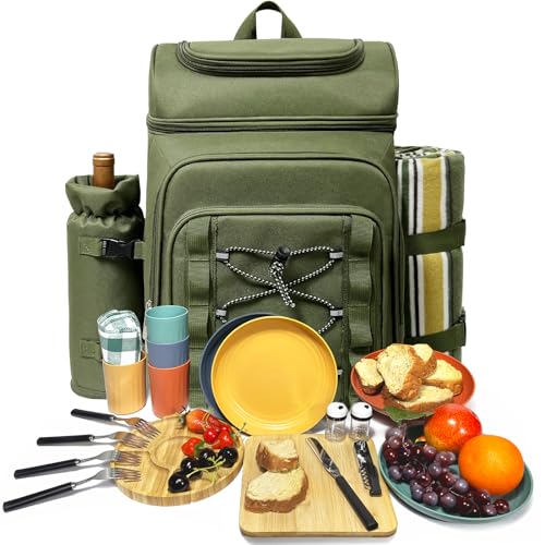 Hap Tim Picnic Basket Backpack for 4 Person with Blanket, Insulated Leakproof Cooler Compartment, Wine Holder, Cutlery Set, Engagement Gifts for Couples, White Elephant Gift Ideas, Green (36221-GR) - color: Green