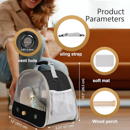 Bird Carrier, Portable Small Bird Parrot Parakeet Carrier with Standing Perch and Stainless Steel Tray, Side Access Window Collapsible (Black, Clear Windows) - color: Black