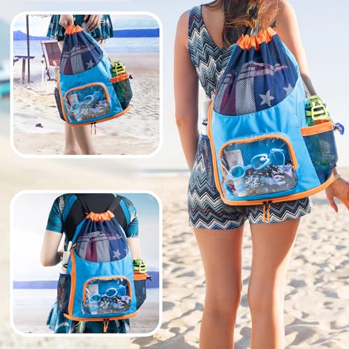 Mesh Drawstring Backpack with Shoe Compartment, Sandproof Beach Swim Bag with Wet Pocket, Pool Gym Shower Bag for Travel Summer Camp - color: Blue - Orange, style: Style a