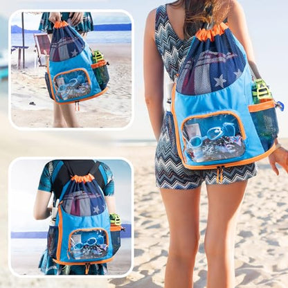 Mesh Drawstring Backpack with Shoe Compartment, Sandproof Beach Swim Bag with Wet Pocket, Pool Gym Shower Bag for Travel Summer Camp - color: Blue - Orange, style: Style a