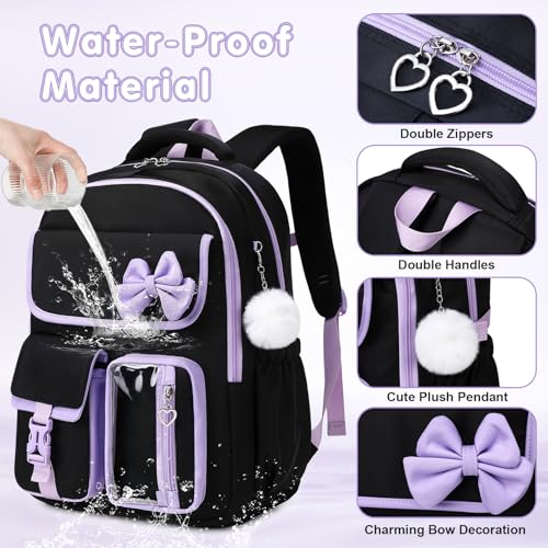 GeeWin Girls Backpack for School with Lunch Box & Pencil Case Set, 17 Inch Waterproof Cute Bow Girls Bookbag for Kids, Teens, Elementary Middle High College School Student (Black/Purple) - color: Black Purple