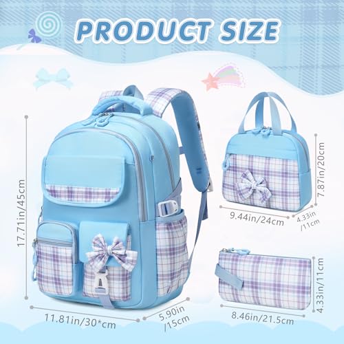 GeeWin School Backpack for Girls, Bookbags Back Pack School Bag for Teen Girl Elementary Middle School Student, Cute Stylish Plaid Girls Backpack with Matching Insulated Lunch Bag & Pencil Bag (Blue) - color: Blue