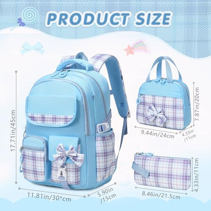 GeeWin School Backpack for Girls, Bookbags Back Pack School Bag for Teen Girl Elementary Middle School Student, Cute Stylish Plaid Girls Backpack with Matching Insulated Lunch Bag & Pencil Bag (Blue) - color: Blue