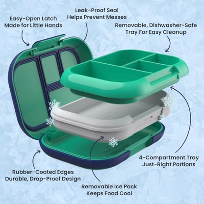 Bentgo Chill Kids Leakproof Lunch Box - 4-Compartment Bento Box with Built-In Ice Pack, 3.3 Cup Capacity, BPA-Free, Microwave & Dishwasher Safe Tray, Ages 3–7 (Green/Navy) - color: Green/Navy