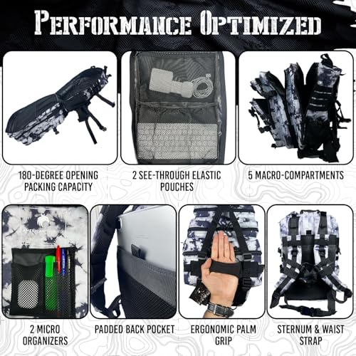 AMERICANPHOENIX 45L Elite Tactical Backpack | 3X Stronger Work & Military Backpack | Water Resistant and Heavy Duty | 3 Day MOLLE Bug Out Bag (Black Ice) - color: Black Ice