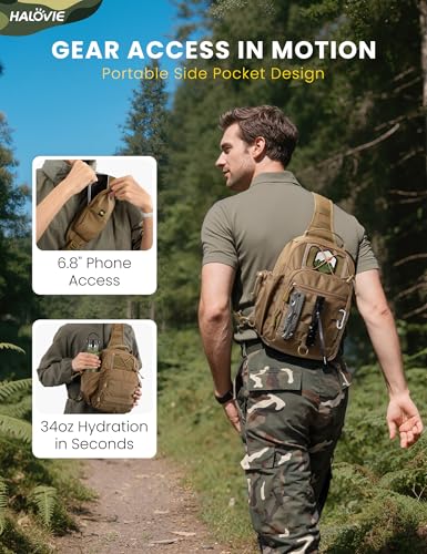 HALOVIE Anti-theft Tactical Sling Bag RFID Khaki Military Shoulder Bag with Phone Pack EDC Molle Crossbody Bag for men - color: Khaki
