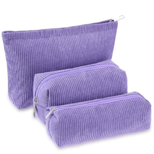 Huhumy 3 Pcs Makeup Bag Set for Women Corduroy Cosmetic Pouch Aesthetic Smile Travel Toiletry Bag Cute Purse Pouch Pencil Case Makeup Brushes Storage Organizer with Zipper(Purple,Solid Style) - color: purple, style: Solid Style
