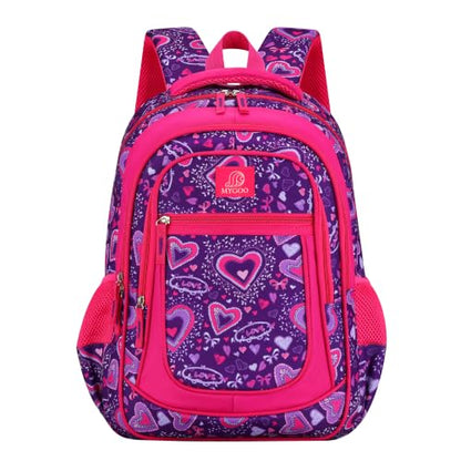 MYGOO Girls School Backpack Vineyard Heart Purple Bookbag for Elementary Middle School Ages 5-12, 17 inch Large Capacity 24L Kids Student Travel Bags - color: Vineyard Heart Purple