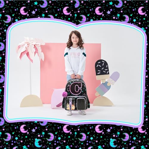 HTgroce Backpacks for Girls School Bag Kids Black Bookbag for Elementary Students Kids Backpack with Lunch Box and Pencil Case - color: Black, style: C