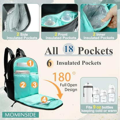 MOMINSIDE Diaper Bag Backpack Leather Diaper Bag with 6 Insulated Pockets, Baby Bag for Mom Dad, Baby Registry, Changing Pad, Stroller Straps,Diaper Backpack Diaper Bag Leather (Black) - color: Black