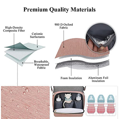 ANWTOTU Baby Diaper Bags with Changing Station,Waterproof Diaper Bag Backpack for Moms Dads with USB Charging Port,Large Capacity Multifunctional Baby Essentials(Pink-Grey) - color: Pink-grey