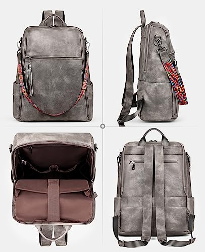 FADEON Leather Laptop Backpack for Women Designer 15.6 inch PU Laptop Bag, Ladies Travel Computer Work Backpack Grey - color: Charcoal Grey Retro Style
