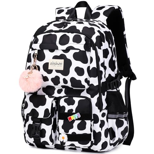 abshoo Big Student Laptop Backpack For College Women Middle High School Teen Girls Bookbag Travel Daypack (Cow Print Black) - color: Cow Print Black