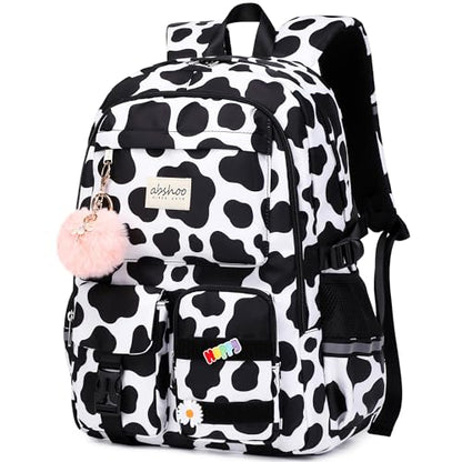 abshoo Big Student Laptop Backpack For College Women Middle High School Teen Girls Bookbag Travel Daypack (Cow Print Black) - color: Cow Print Black