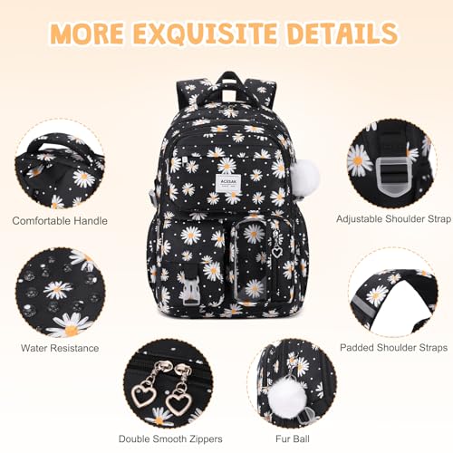 ACESAK Backpack for Girls - Girls Backpack with Lunch Bag & Pencil Pouch for Teen Kids Laptop Backpack for Women, Elementary Middle High School Bookbag Travel Daypack (Black Daisy) - color: Black Daisy
