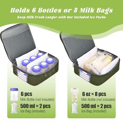 Breast Pump Bag with Insulated Cooler, Double-Layer Pumping Bag for Work & Travel, Fits Most Electric Breast Pumps, Includes 10 Ice Packs & Waterproof Mat, Detachable Bottle Cooler Tote, Green - color: Green
