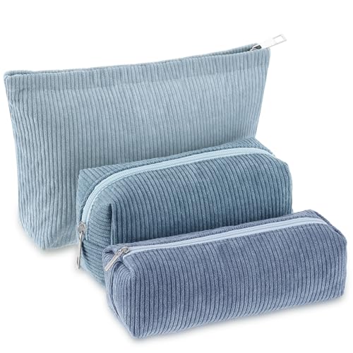 Huhumy 3 Pcs Makeup Bag Set for Women Corduroy Cosmetic Pouch Aesthetic Smile Travel Toiletry Bag Cute Purse Pouch Pencil Case Makeup Brushes Storage Organizer with Zipper(Blue,Gradient) - color: Blue, style: Gradient