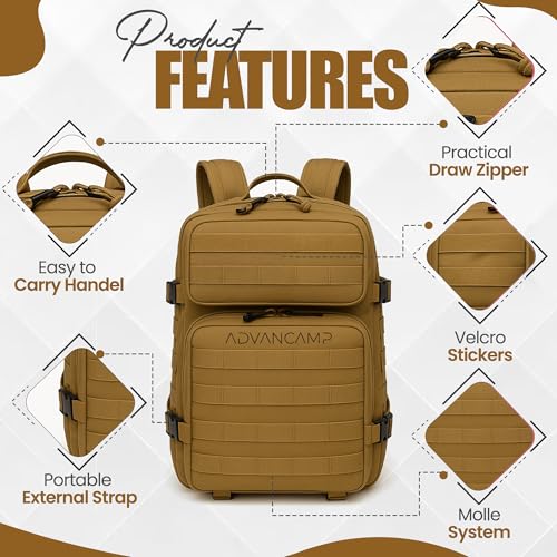 45L Military Tactical Backpack Large Day Pack for Men – MOLLE Rucking Assault Rucksack, Heavy-Duty Water-Resistant Bag for Hiking, Gym, Travel & Outdoor Adventures – Khaki - color: Khaki