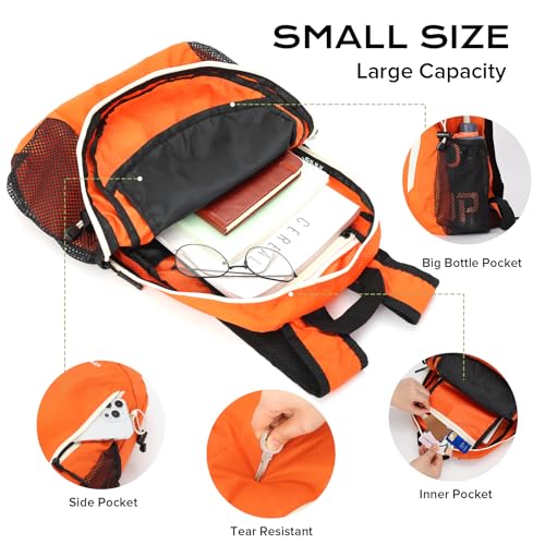 VPBAGE 15L Water-resistant Hiking Daypack, Small Backpack Travel Outdoor, Lightweight Day Pack with Tool Loops - color: Orange
