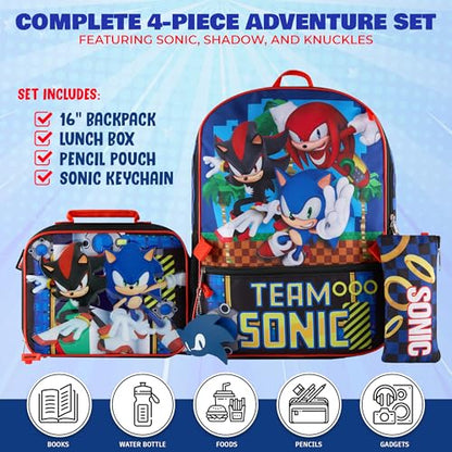 AI ACCESSORY INNOVATIONS Sonic the Hedgehog 5 PC Backpack Set for Girls & Boys, 16” Book Bag Featuring Sonic, Shadow, & Knuckles - color: Sonic, Shadow, & Knuckles