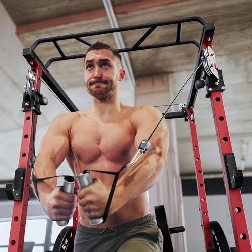 RitFit Multi-Function Garage & Home Gym Package Includes 1200LBS Power Cage PPC03/P3 with Cable Crossover System, Weight Bench, Olympic Barbell Weight Set, Full Body Workout - color: Red, style: Package 1.5K (with FBP 230lbs Plates)