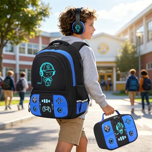 Bevalsa Backpack for School Boys,Cool Luminous Gamer Boys Backpacks with Wired Headphones Lunch Box Pencil Case,Kids Schoolbag for Teens Kindergarten Elementary School(Blue Backpack with Headphones) - color: Blue, style: Backpack With Headphones