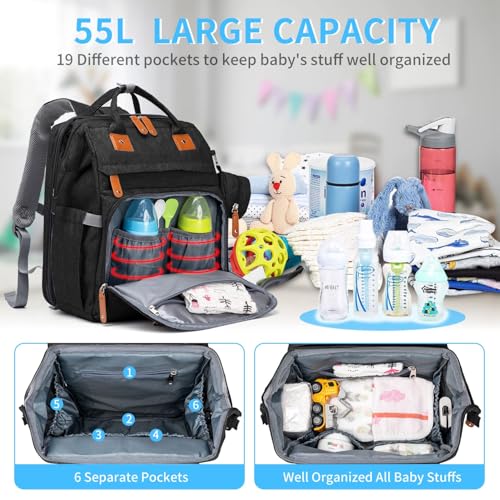KABAQOO Diaper Bag Backpack with Detachable Changing Station, Large Capacity Baby Diaper Bags for Boys & Girls, Baby Registry Search Stuff & Shower Gifts, Newborn Essentials Must Haves, Black-2s - color: Black-2s