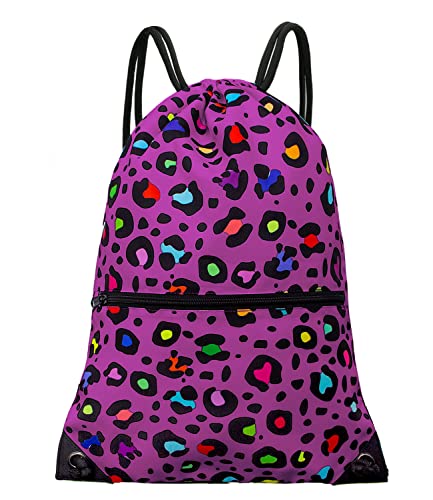 HOLYLUCK Drawstring Backpack Bag Sport Gym Sackpack - color: Colorful Purple Leopard